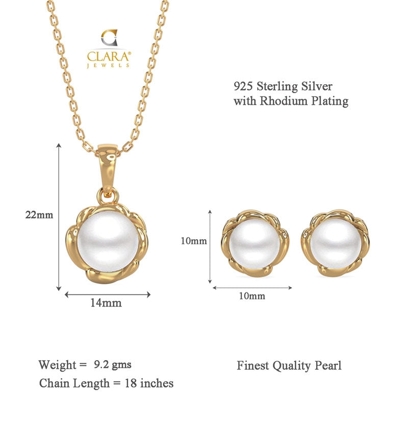 CLARA 925 Sterling Silver Real Pearl Aki Pendant Earring Chain Jewellery Set | Gold Rhodium Plated | Gift for Women & Girls