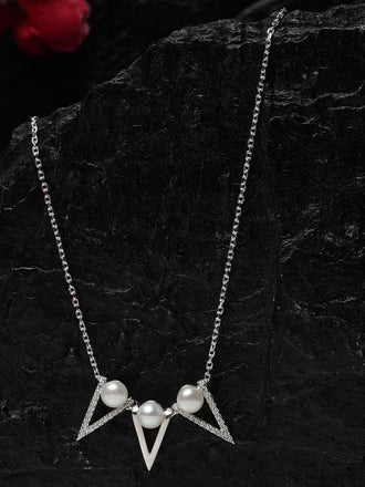 CLARA 925 Sterling Silver Real Pearl Tribe Pendant With Chain Necklace | Rhodium Plated, Swiss Zirconia | Gift for Women & Girls