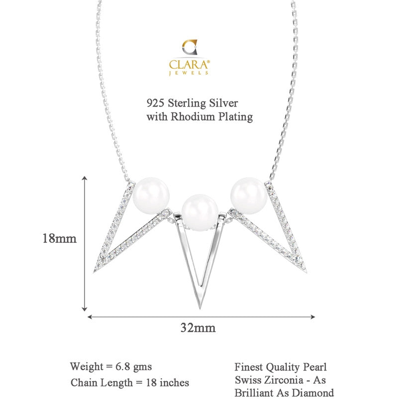 CLARA 925 Sterling Silver Real Pearl Tribe Pendant With Chain Necklace | Rhodium Plated, Swiss Zirconia | Gift for Women & Girls