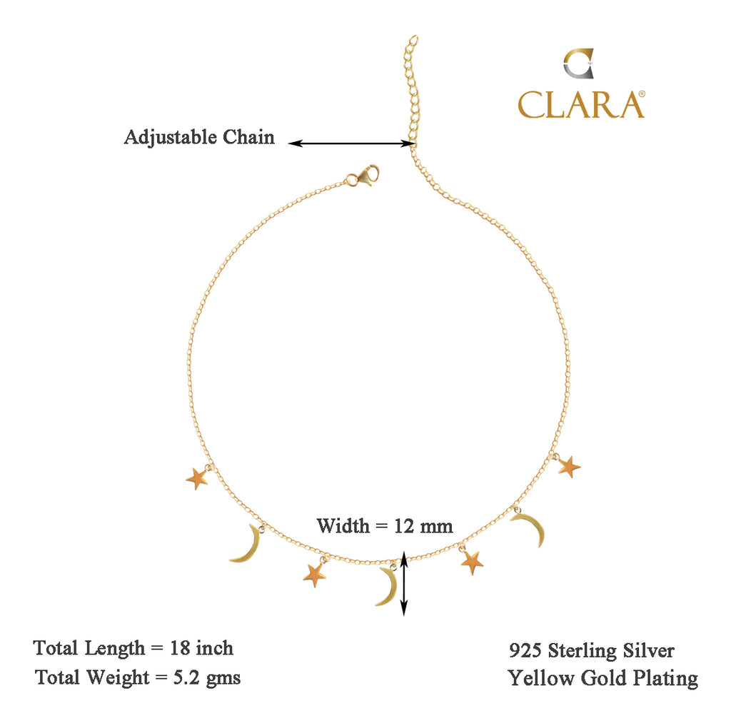 CLARA 925 Sterling Silver Moon & star Charm Necklace Chain 
